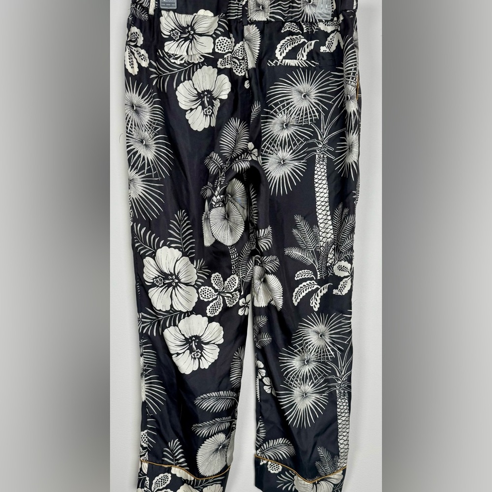 J.Crew 100% Silk Tropical Floral Pants Size 10 Black Cream Gold Piping - Picture 2 of 6